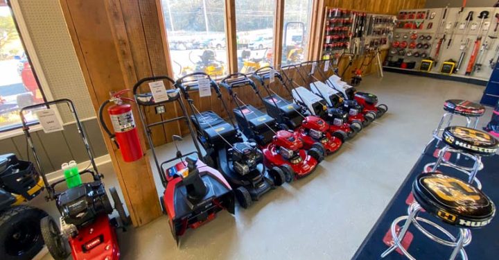 Display lawn mowers and spare parts on the rack